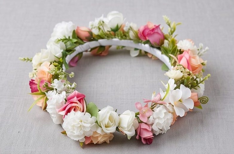 Corona con flores rosadas, blancas y durazno