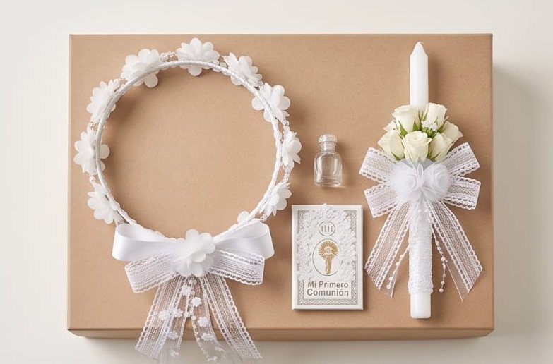 Kit básico de niña en caja: corona blanca, cirio decorado y libro de oraciones