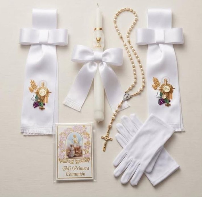 Kit básico de niño: cirio con lazo de satín, cintas bordadas, camándula, guantes y libro de oraciones